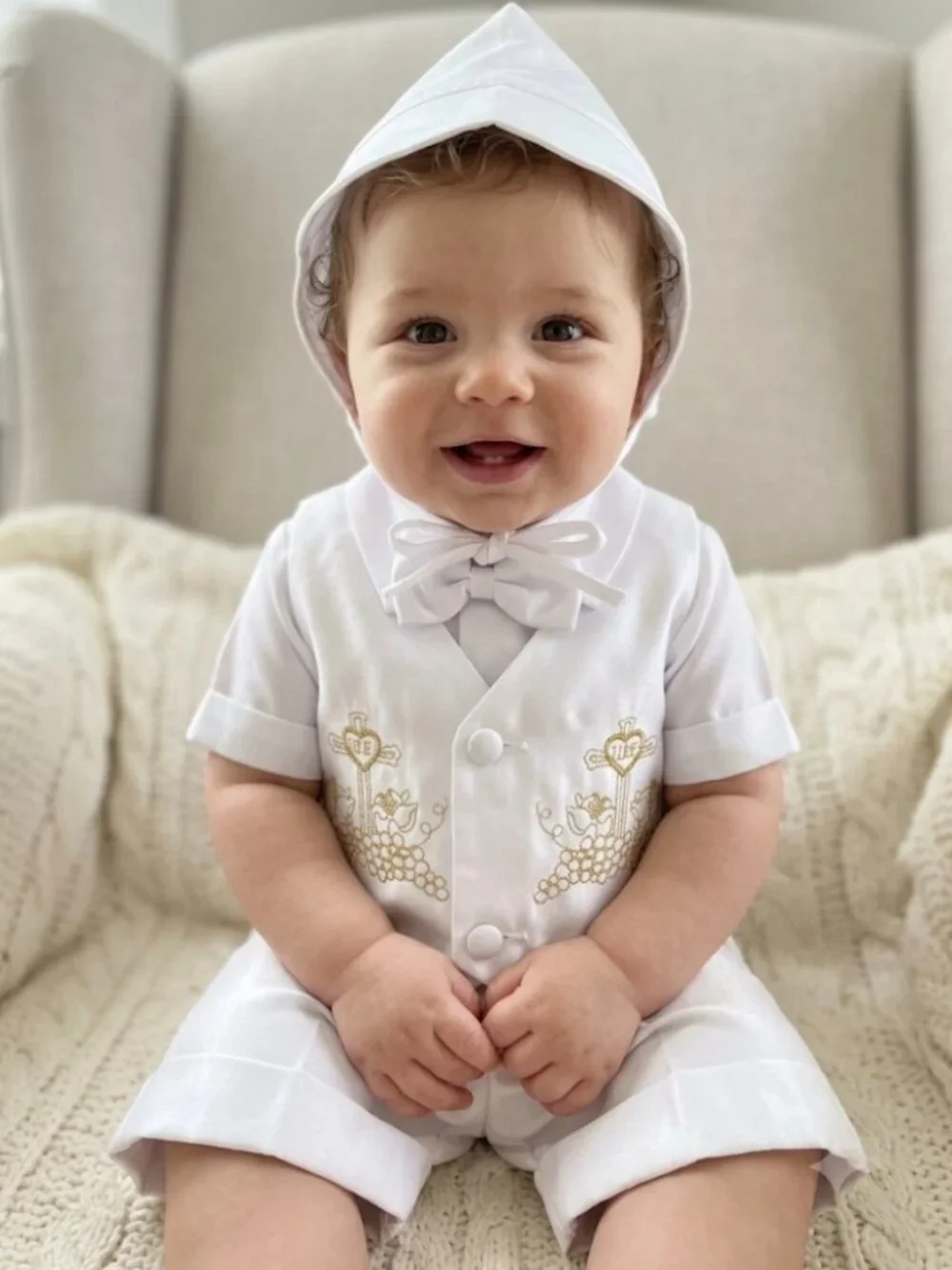 New White Christening Baptism shorts hat outfit for baby Boy Toddler(12-18 month